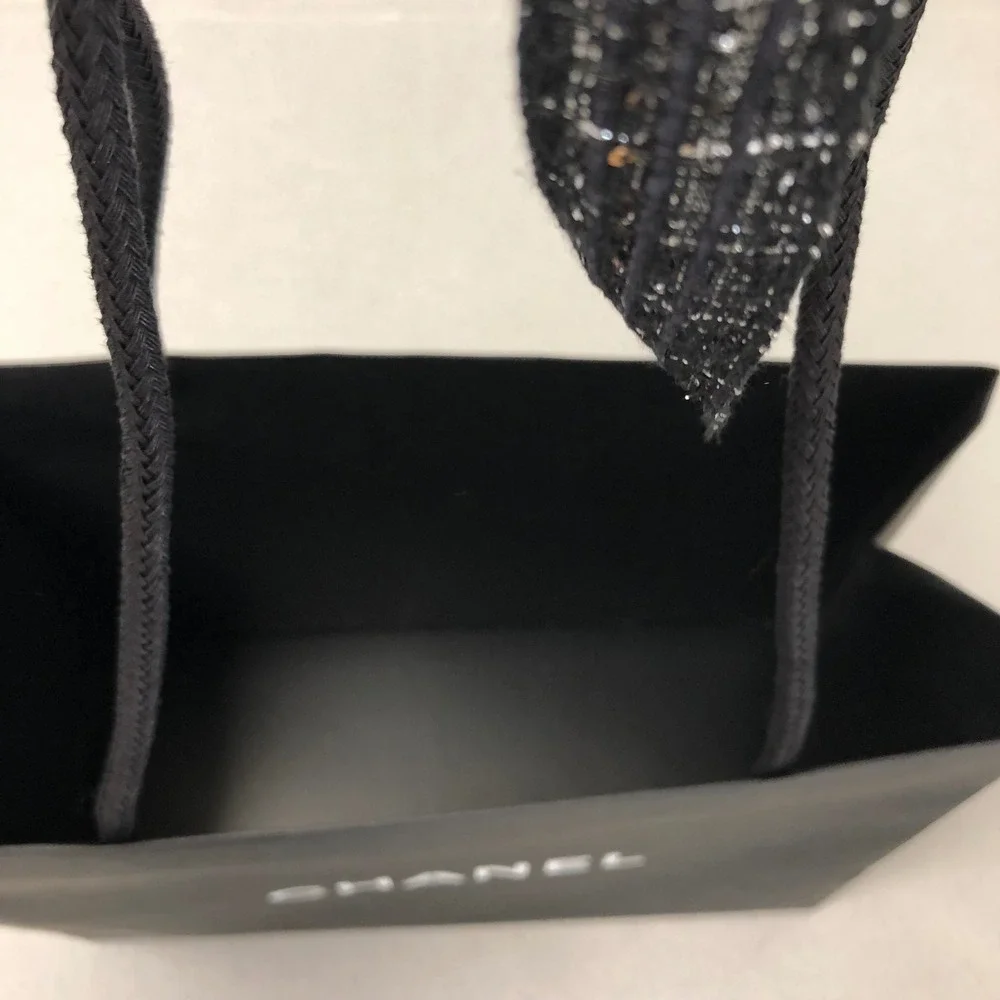 Chanel Gift Box Shopping Bag Gift Set 9.5x9.5x1 Black Logo Tweed Ribbon